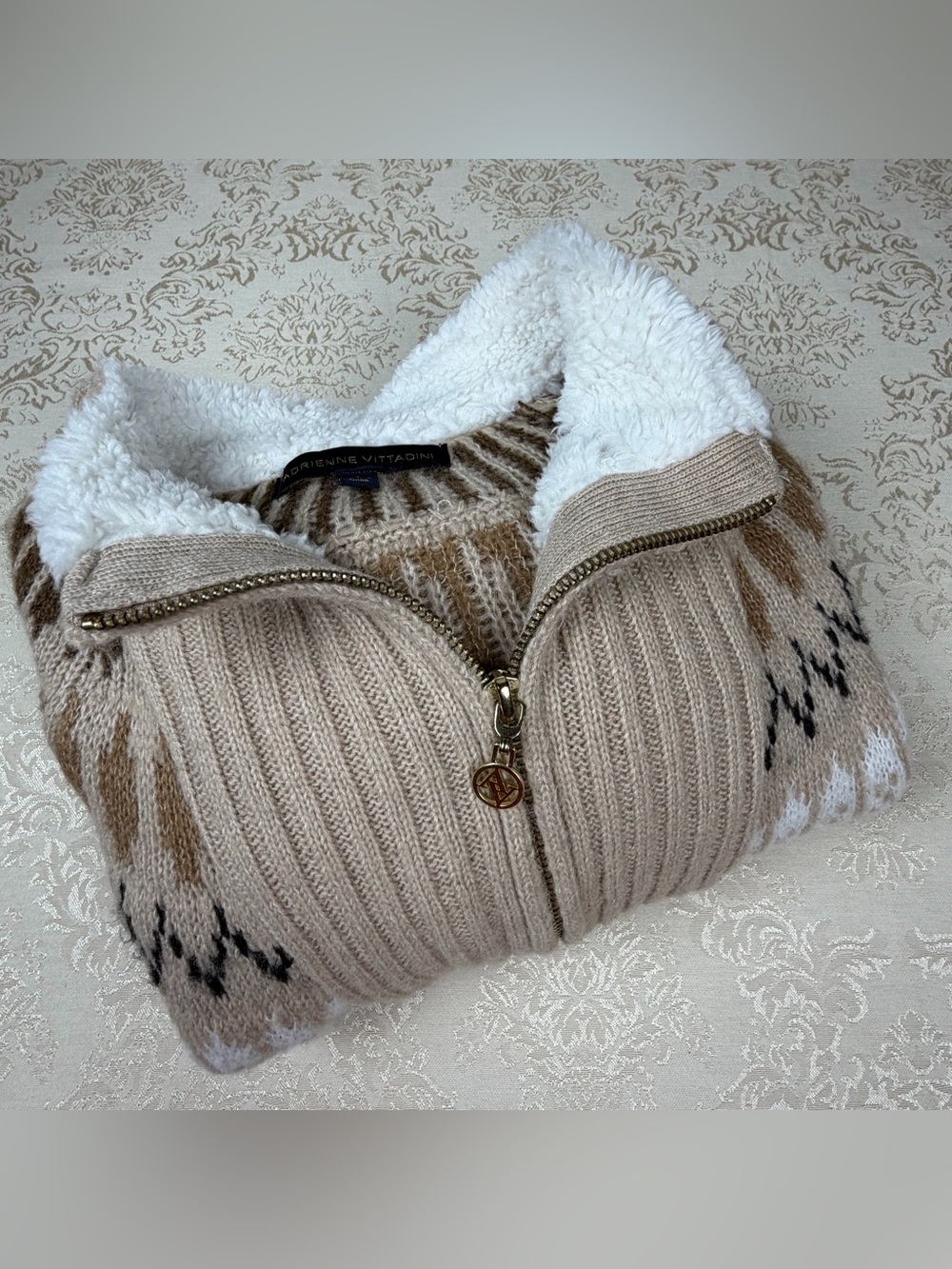Adrienne Vittadini Neutral Knit Crossbody Bag with Sherpa Trim